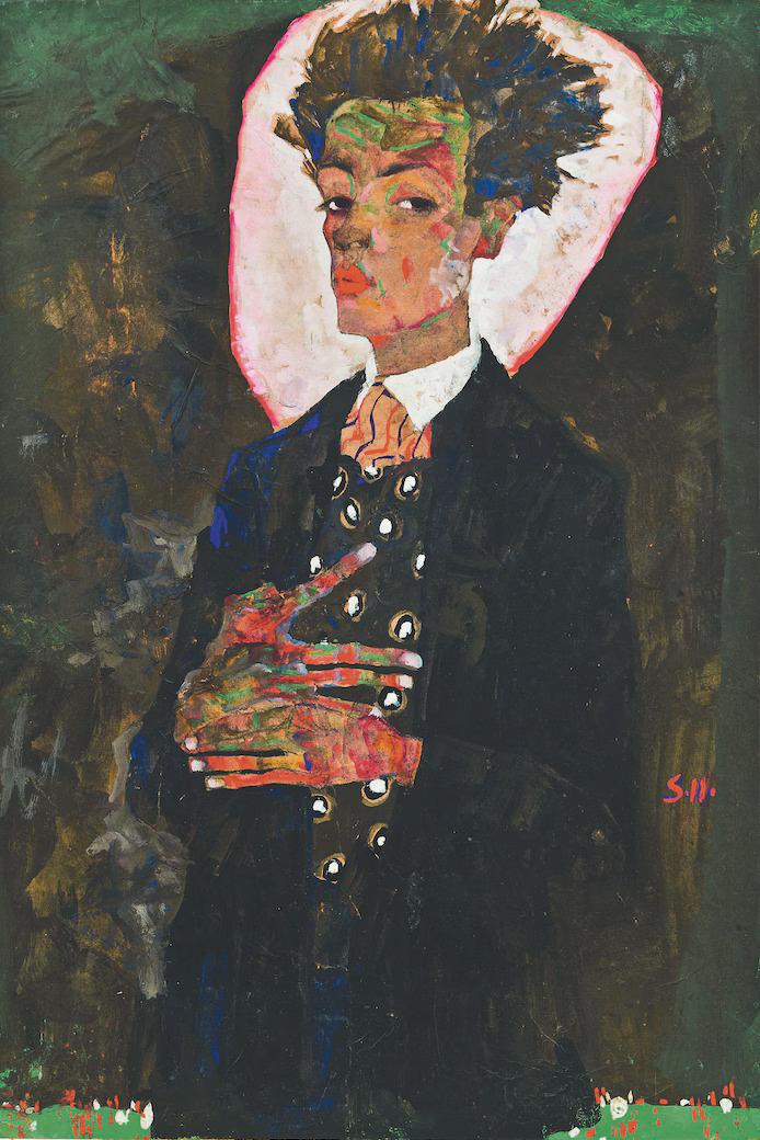 에곤 실레, <화려한 조끼를 입고 서있는 자화상>, 1911, Gouache, watercolor, and black crayon on paper, mounted on cardboard, Ernst Ploil, Vienna