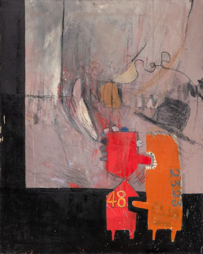 데이비드 호크니, <접착력>, 1960, Oil on board, 127 × 101.6 cm © David Hockney/Modern Art Museum of Fort Worth