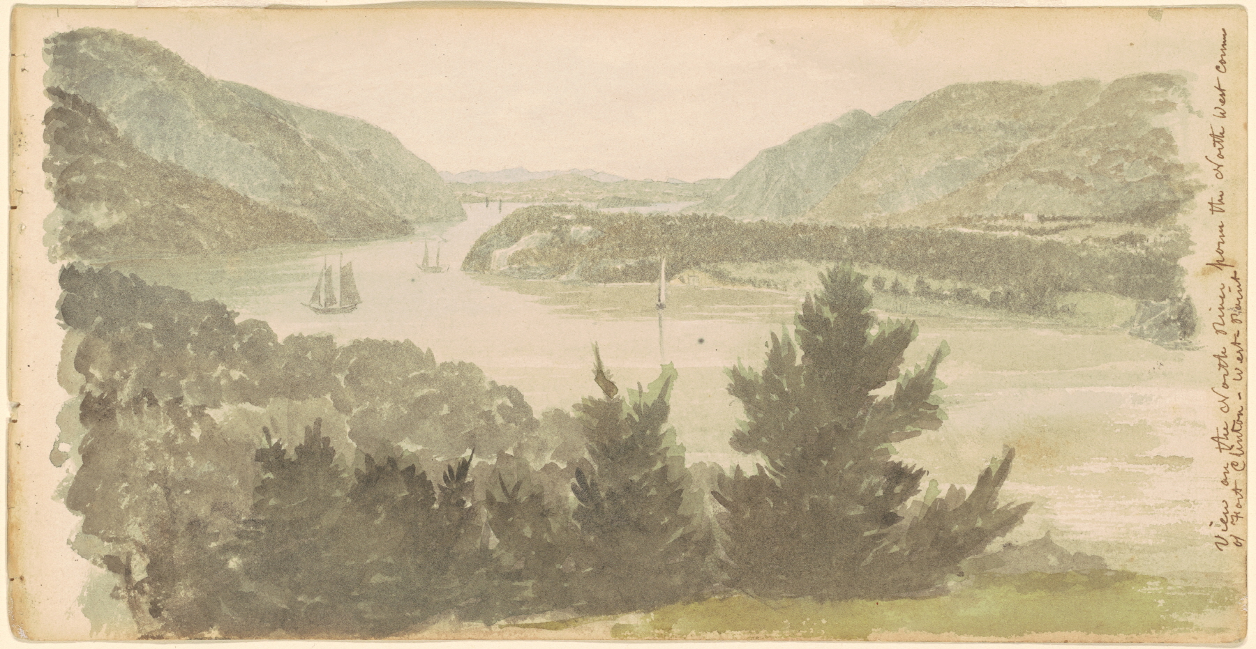 세스 이스트먼, 〈포트 클린턴 북서 모서리에서 본 노스 강 전망—웨스트포인트〉, 1837년, 제지지(製紙紙)에 수채(National Gallery of Art, Corcoran Collection).