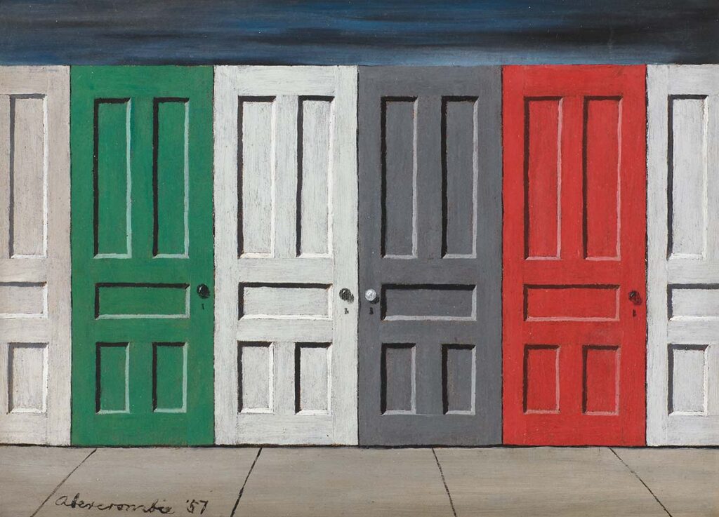 거트루드 애버크롬비, <문들 4 (5½)(Doors, 4 (5 ½))>, 1957, Oil on board, 6 × 8 in. (15.2 × 20.3 cm). Collection of Shio Kusaka and Jonas Wood. Photo by Marten Elder; Courtesy of Karma Gallery