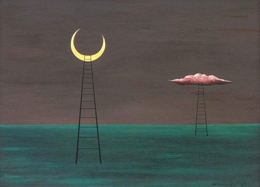 거트루드 애버크롬비, <두 개의 사다리(Two Ladders)>, 1947, Oil on Masonite, 12 × 16 in. (30.5 × 40.6 cm). Illinois State Museum; Purchase
