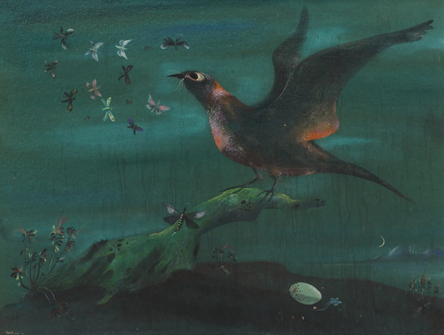 칼 J. 프리베(Karl J. Priebe, 1914-1976), <야간의 밀회(Night Tryst)>, 1946, Casein on cardboard, 18 ×23 7/8 in. (45.72 ×60.64 cm). Layton Art Collection, Inc., Gift of Dr. and Mrs. Fred Madison, and John Uihlein L424. Photo by John R. Glembin