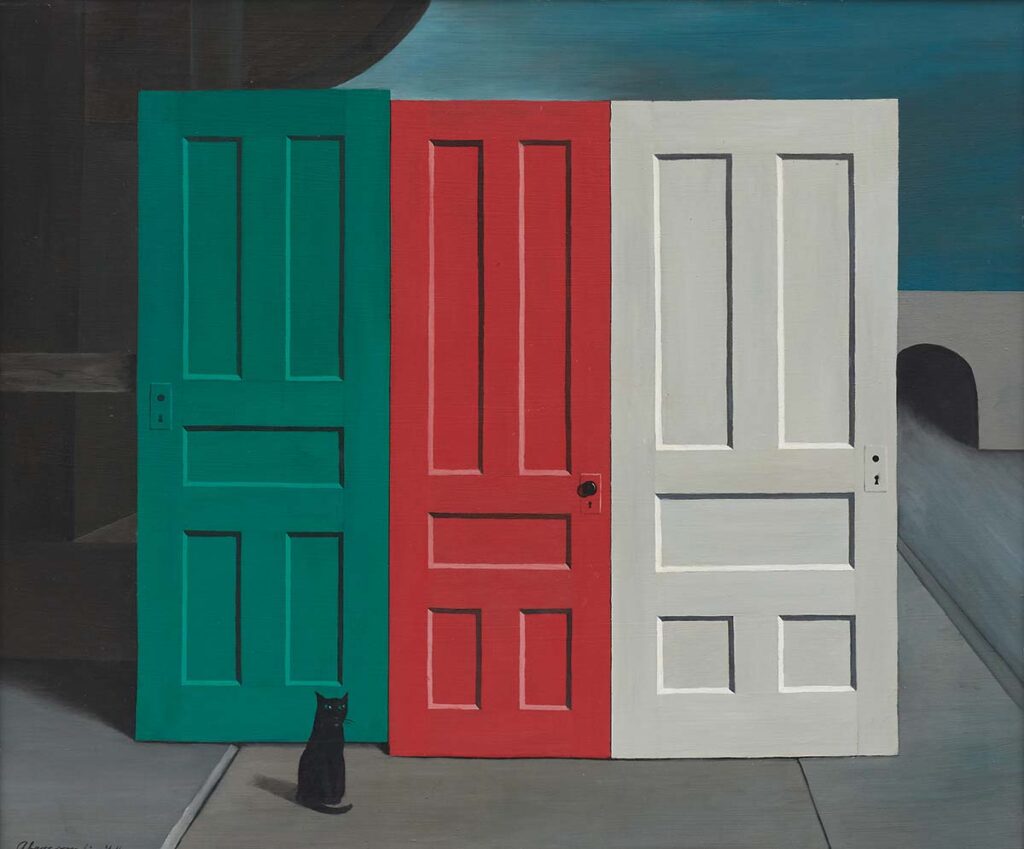 거트루드 애버크롬비, <철거되는 문(Demolition Doors)>, 1964, Oil on Masonite, 20 × 24 in. (50.8 × 61 cm). Illinois State Museum; Purchase