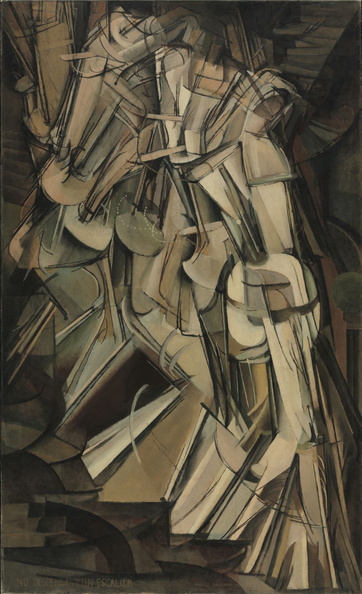 마르셀 뒤샹, <계단을 내려오는 누드(No. 2)>, 1912년. 캔버스에 유채, 147 × 89.2cm. 필라델피아 미술관, 루이스와 월터 아렌스버그 컬렉션. © Artists Rights Society (ARS), New York / ADAGP, Paris / Association Marcel Duchamp.