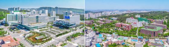 건양대 대전 메디컬캠퍼스(왼쪽 사진)와 논산 창의융합캠퍼스 전경./사진제공=건양대