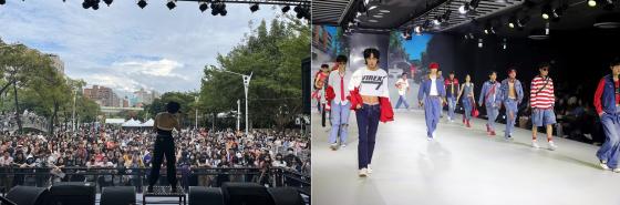 K-실용음악과의 공연(왼쪽 사진)과 K-모델연기과의 런웨이 실습 모습./사진제공=대경대